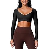 BRXL Long Sleeve Workout Crop Top for Women Built in Bra Gym Athletic Tops Deep V Neck Ruched Padded Dance Sexy Shirts