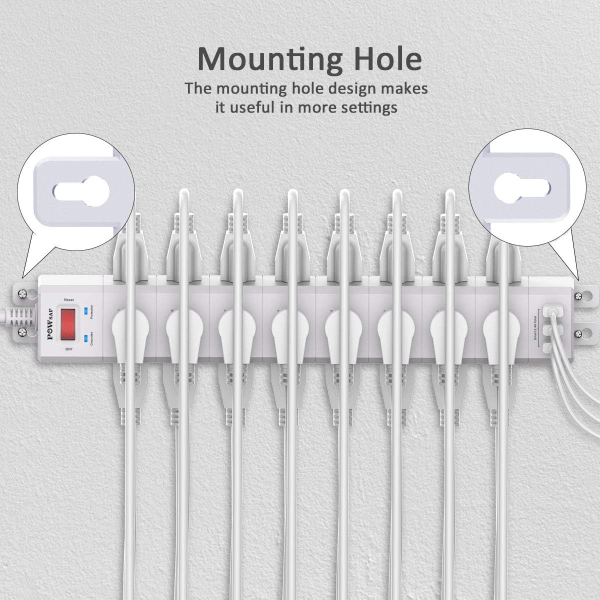 Power Strip (3-Sided) with 24 Outlets, POWSAF Surge Protector (4100 Joules) and 3 USB Ports(5V/3.4A, 17W), 8 Feet Heavy Duty Extension Cord (1875W/15A), ETL Listed, White: Home Audio & Theater