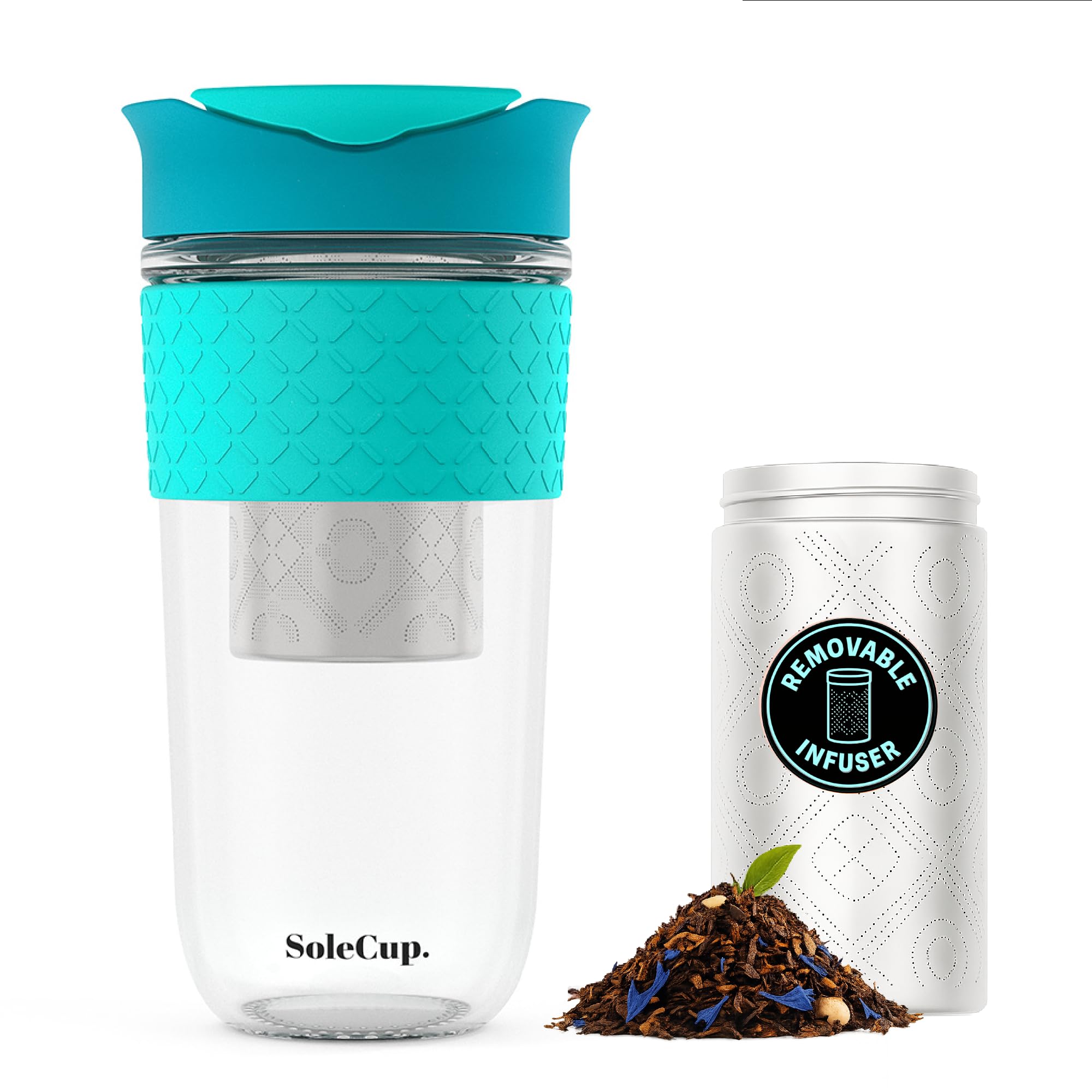 SoleCup. Travel Mug Loose Tea Infuser - Detachable Tea Strainer with Spill Proof Lid - 18oz/530ml BPA-Free Reusable Glass Travel Coffee Cup with Silicone Band (Blue, 530ml / 18oz)
