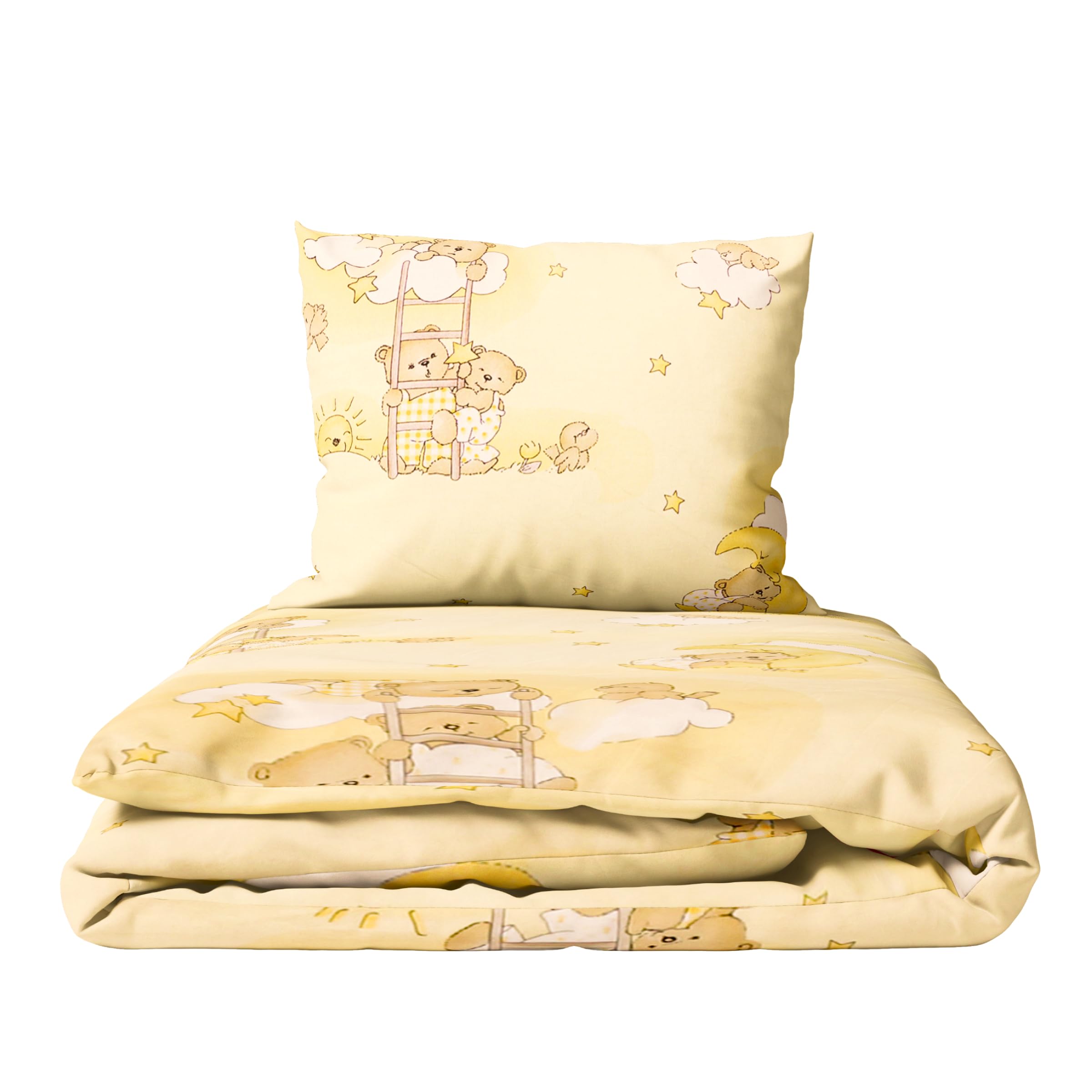 Baby Comfort 2-Piece Toddler Duvet & Pillow Set - 120x90 cm - 100% Cotton Breathable Fabric - Machine Washable Quilted Bedding for Cot Bed 12M+ (Ladders Yellow)
