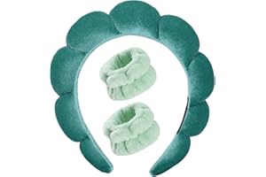 Luckybear Spa Headband for Washing Face, Velvet Makeup Headband, Bubble Skincare Head bands with Face Wash Wristbands Sponge Puff Head band for Women Skin Care - Green