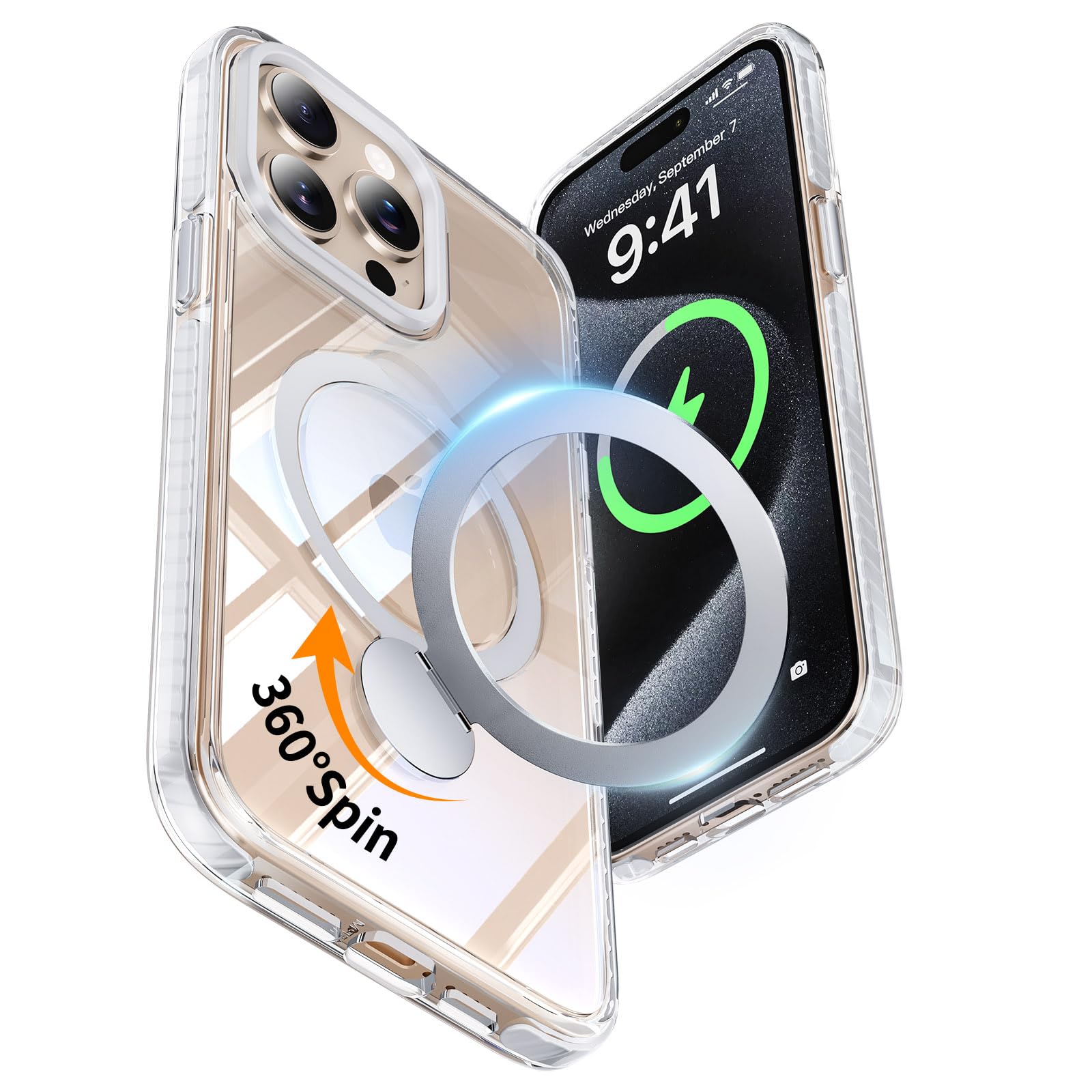 YOOVEI for iPhone 15 Pro Case,with Kickstand 360°Rotatable Magnetic Invisible Ring Stand [Compatible with MagSafe],Shockproof Protective Slim Soft Edge,Phone Grip Cover 6.1'',Clear Misty White