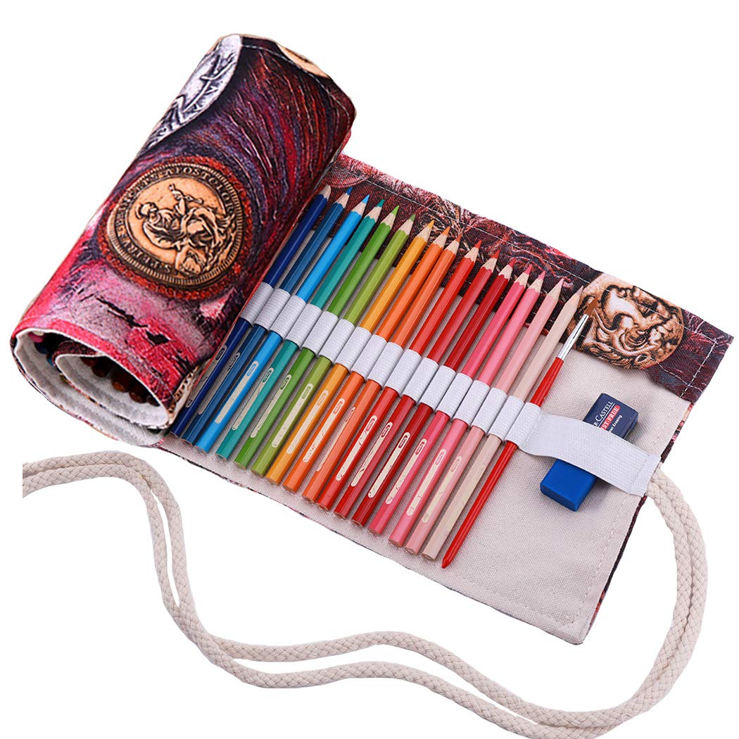 Amoyie Roll Up Pencil Case for 72 Coloured Pencils, Canvas Artist Wrap, Colouring Pens Holder, Currency