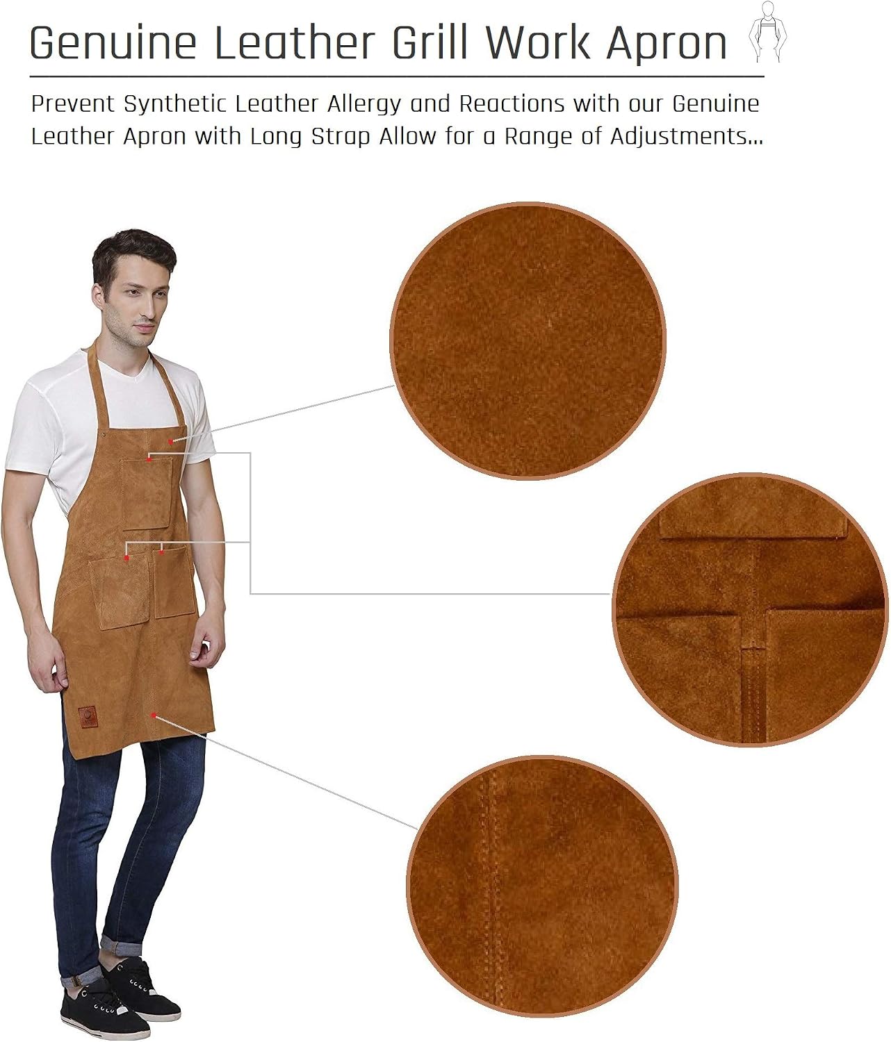 Rustic Town Genuine Leather Grill Work Apron with Tool Pockets ~ Adjustable up to XXL for Men & Women ~ Gift Ideas for Him Her (Tan) - Image 4