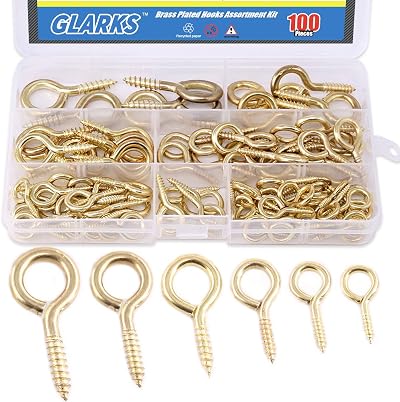 GLARKS 100pc Brass Plated Lag Eyebolts Screw Hooks Assortment Set 6 Sizes
