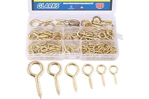 Glarks 100-Pieces 6 Size Brass Plated Lag Eyebolts Screw-in Eye Shape Screw Hooks Hanging Hooks Assortment Set