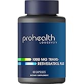 ProHealth Resveratrol 1000mg | Pure Trans-Resveratrol | Plus Quercetin, Red Wine & Green Tea Extract | Clinically Studied to Support Cellular Health, Memory, Healthy Aging | 60 Capsules