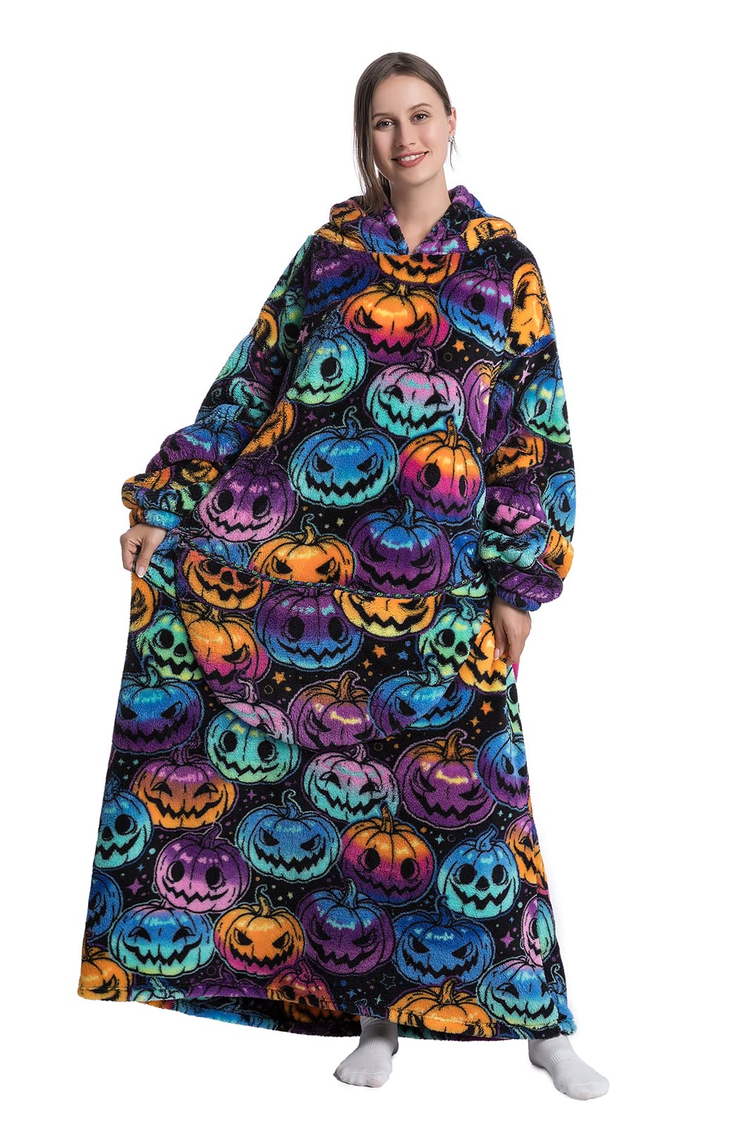 Seogva Extra Long Wearable Blanket Hoodie, Oversized Sweatshirt for Women and Men, Super Warm Cozy Giant Hooded Blanket, Thick Flannel with Sleeves Pocket (Jack-O-Lantern), One Size