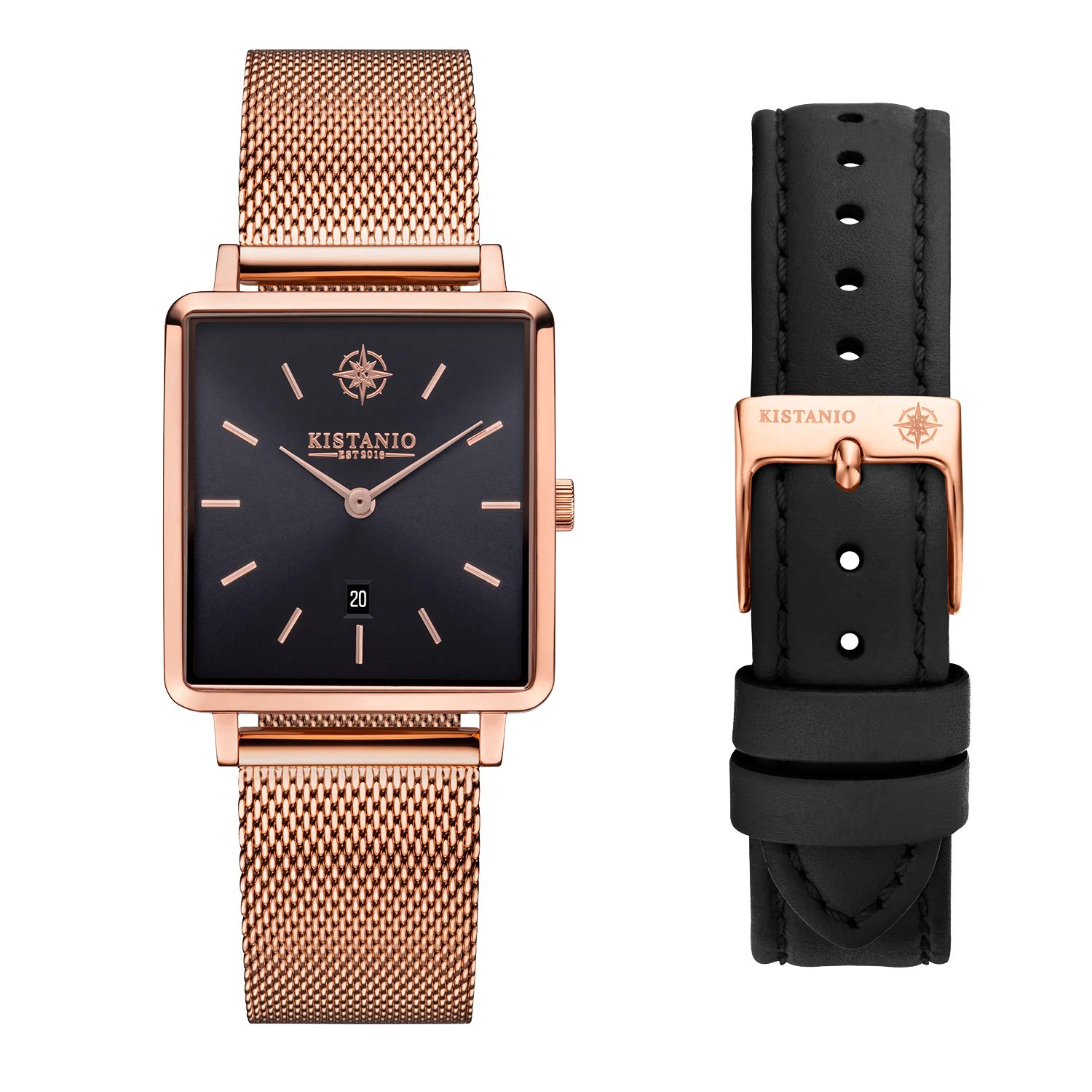 Kistanio Carre RG-BLKS-M-L-BK Women's Watch with Sapphire Glass and Milanese Strap and Extra Leather Strap