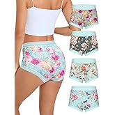 Morvia 4-Pack Women's Floral Print Romantic Lace Trims Brief Hipster Boyshorts Panties Breathable Landies Underwear Panty Set