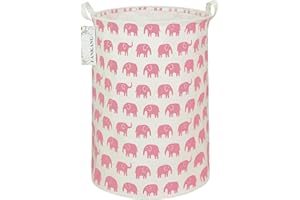 FANKANG Storage Basket, Nursery Hamper Canvas Laundry Basket Foldable with Waterproof PE Coating Large Storage Baskets for Kids Boys and Girls, Office, Bedroom, Clothes,Toys（Pink Elephant）