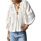 SHENHE Women's Boho V Neck Lantern Sleeve Oversized Embroidered Peasant Blouse Top Shirt
