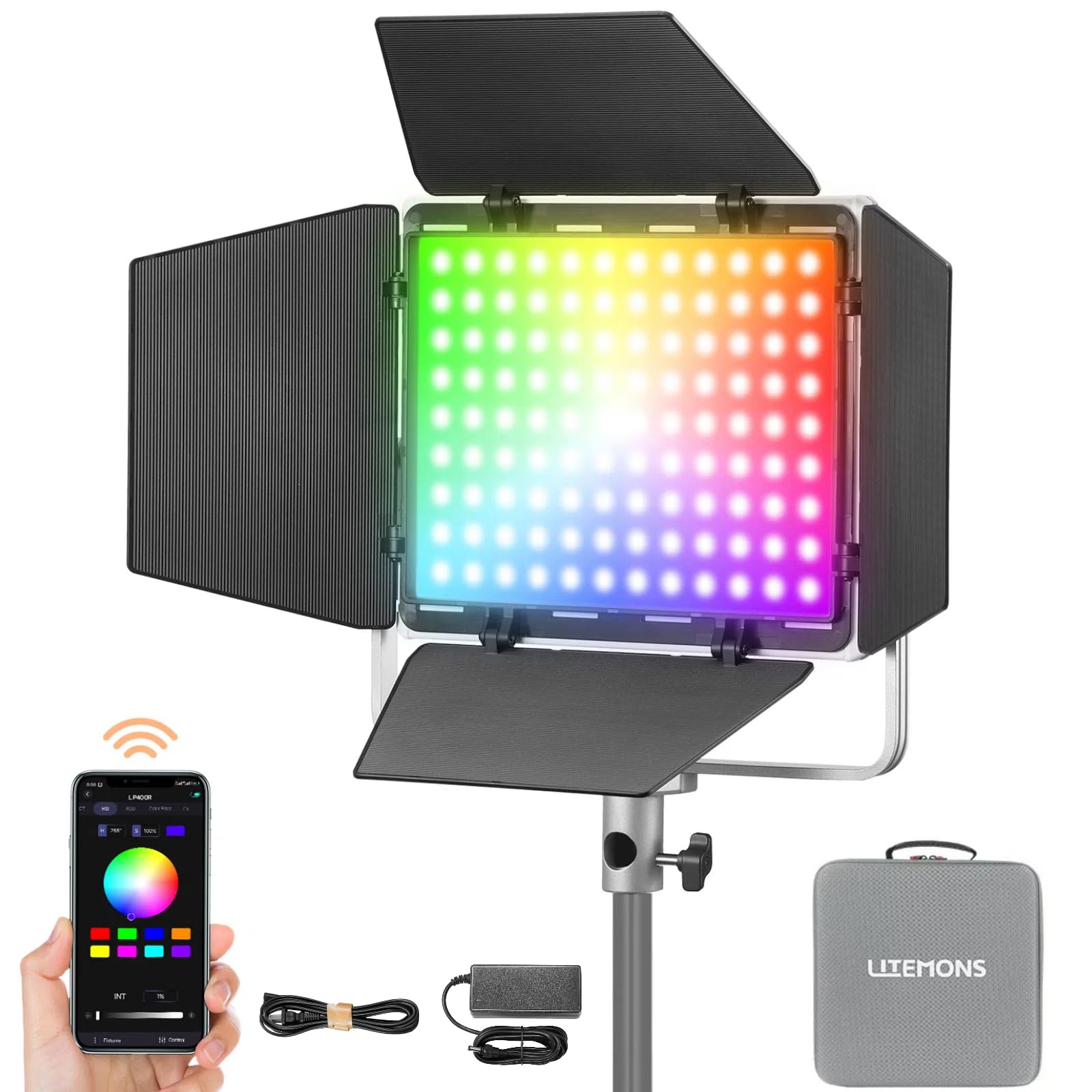 Photo 1 of Godox LP400R RGB LED Video Light with Barndoor, 36W 1800K-10000K 6480Lux LED Panel Light with 14 FX Effects APP Control CRI/TLCI 96+ Dimmable 0-100% Studio Soft Lights for Photography