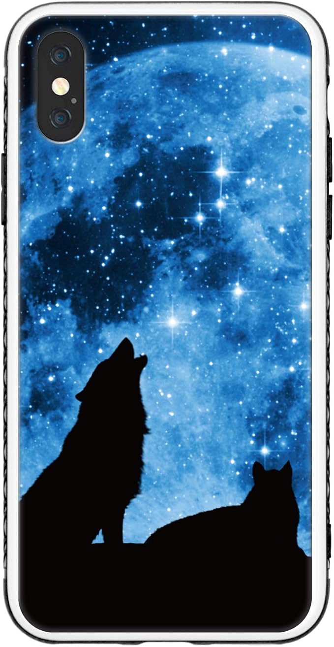 Amazon Co Jp Ruuu 耐衝撃 Tpu Iphone7 Iphone8兼用 ラウンド型 強化ガラス スマホケース Iphoneケース ハード ケース オオカミ シルエット 動物 どうぶつ 狼 星空 宇宙 星 月 青 ブルー 家電 カメラ