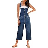 luvamia Denim Overalls for Women Stretchy Capri Jean Jumpsuit Loose Fit Summer Cropped Wide Leg Button Front Bib Overall