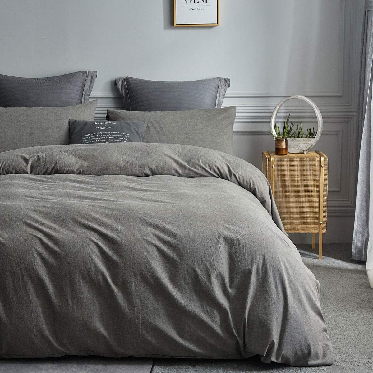 ATsense Duvet Cover Queen, 100% Washed Cotton, 3-Piece Bedding Comforter Cover Set, Simple Style Farmhouse Bedding Set with Zipper Closure&Corner Ties(Grey 7063)