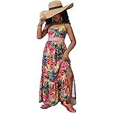 BEAUDRM Girl's Tropical Print Cami Dress Boho Tiered Spaghetti Strap Split Thigh Vacation Flowy Long Dresses