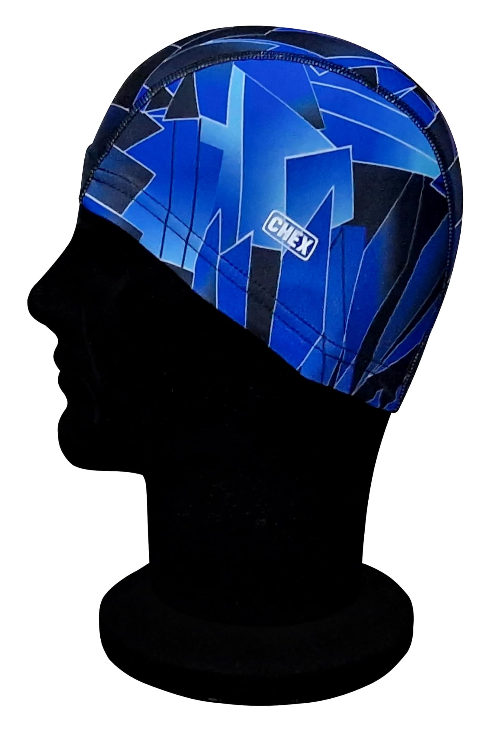 CHEX Elasticated Nylon Lycra Stretchy Anti Tear Easy Fit Abstract St Tropez Print Lightweight Pull On Swimming Hat Swim Cap One Size Suitable For Ages 3+ Years (Blue)