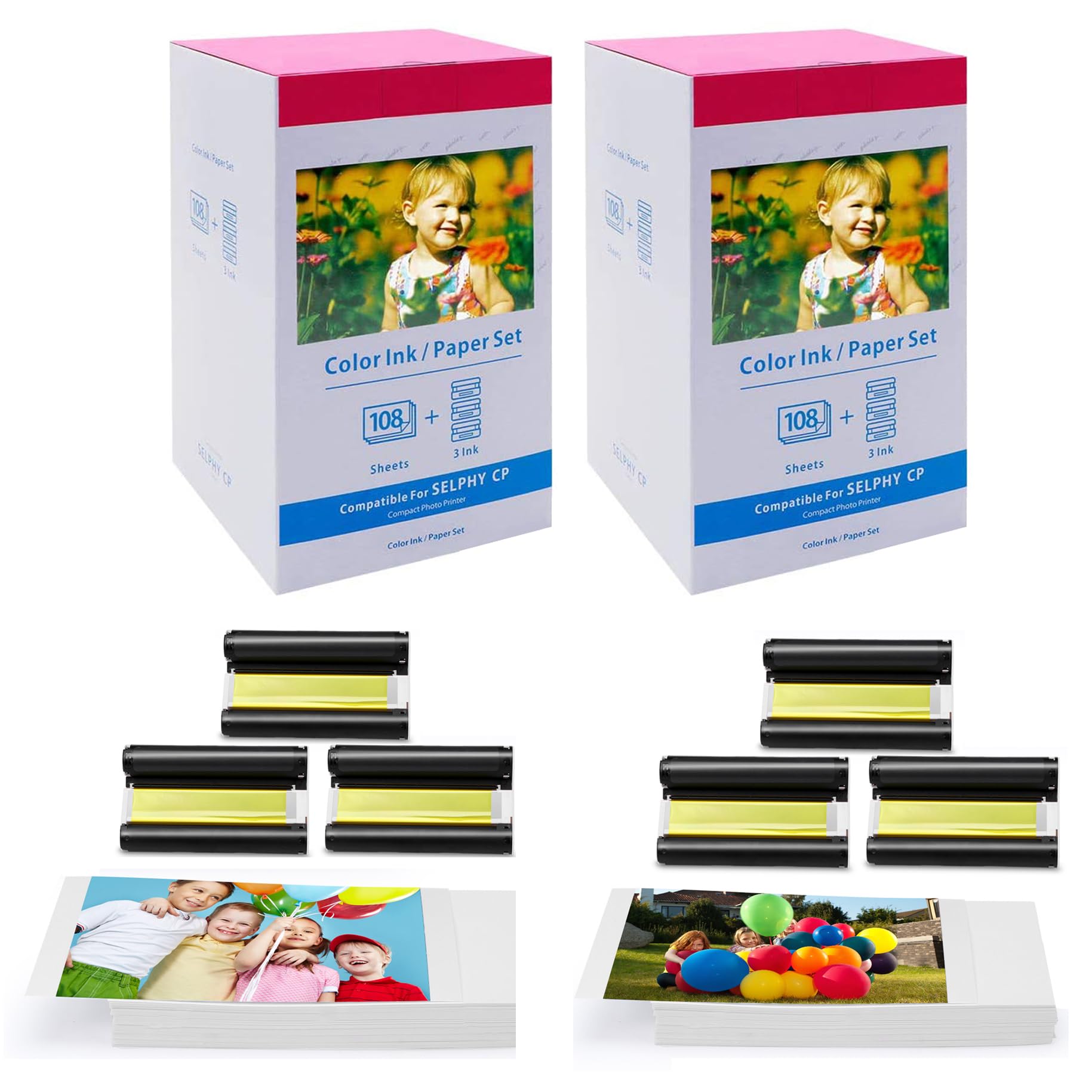 2 Pack KP-108IN Compatible with Canon Selphy CP1500 Photo Paper and Cartridge for Selphy CP1300 CP1200 CP1000 CP910 CP900 CP Photo Printer, 216 Paper (100 x 148mm) + 6 Cartridges