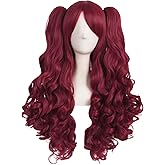 MapofBeauty 28 Inch/70cm Lolita Long Curly 2 Ponytails Clip on Cosplay Wig (Red)