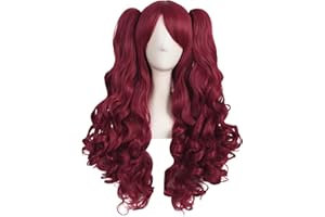 MapofBeauty 28 Inch/70cm Lolita Long Curly 2 Ponytails Clip on Cosplay Wig (Red)