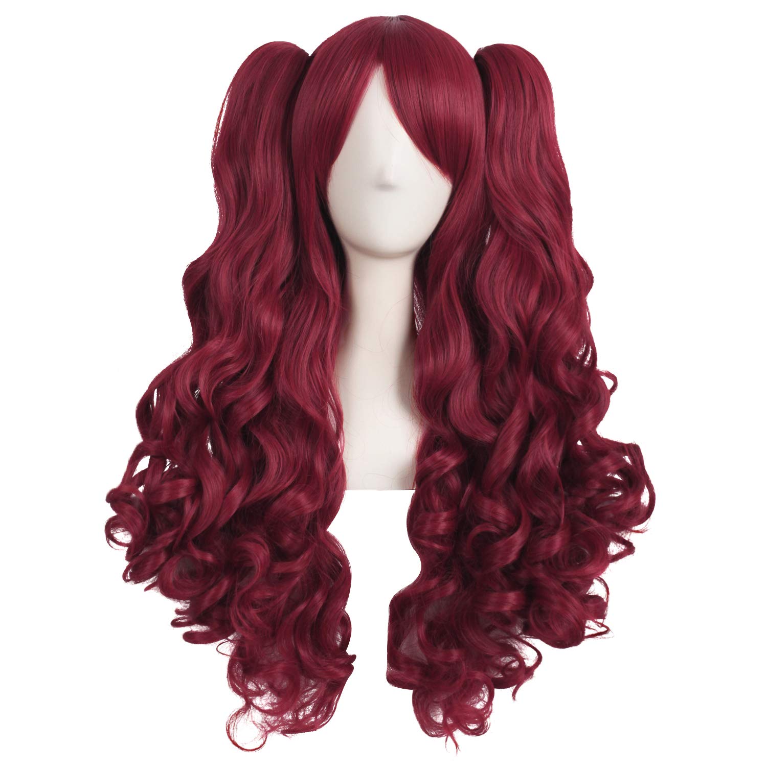 MapofBeauty 28 Inch/70cm Lolita Long Curly 2 Ponytails Clip on Cosplay Wig (Red)