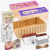 Soap Mold Making Kit with Wooden Cutter Soap Molds Silicone 46oz Purple | Melt and Pour or Cold Process, 50pc Soap Packaging Paper Bags and Slicer | Gift for Wife Women Housewife Soaper