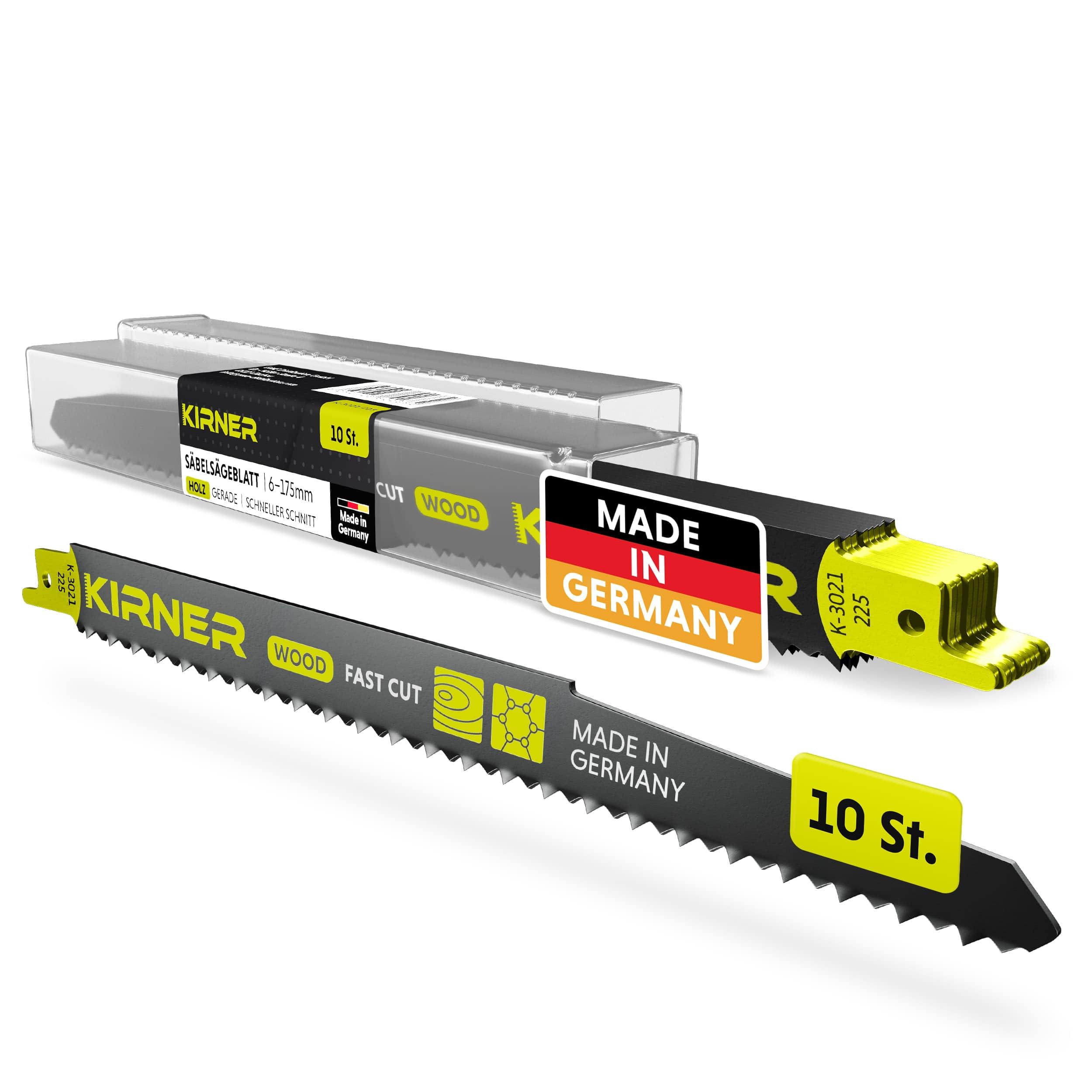 KIRNER Säbelsägeblätter Holz 225mm [ Extrem scharf & Langlebig ] 10er Pack Sägeblätter Säbelsäge inkl. Box - Reciprosägeblätter mit Universalaufnahme für alle Holz und Kunststoff 6-175mm