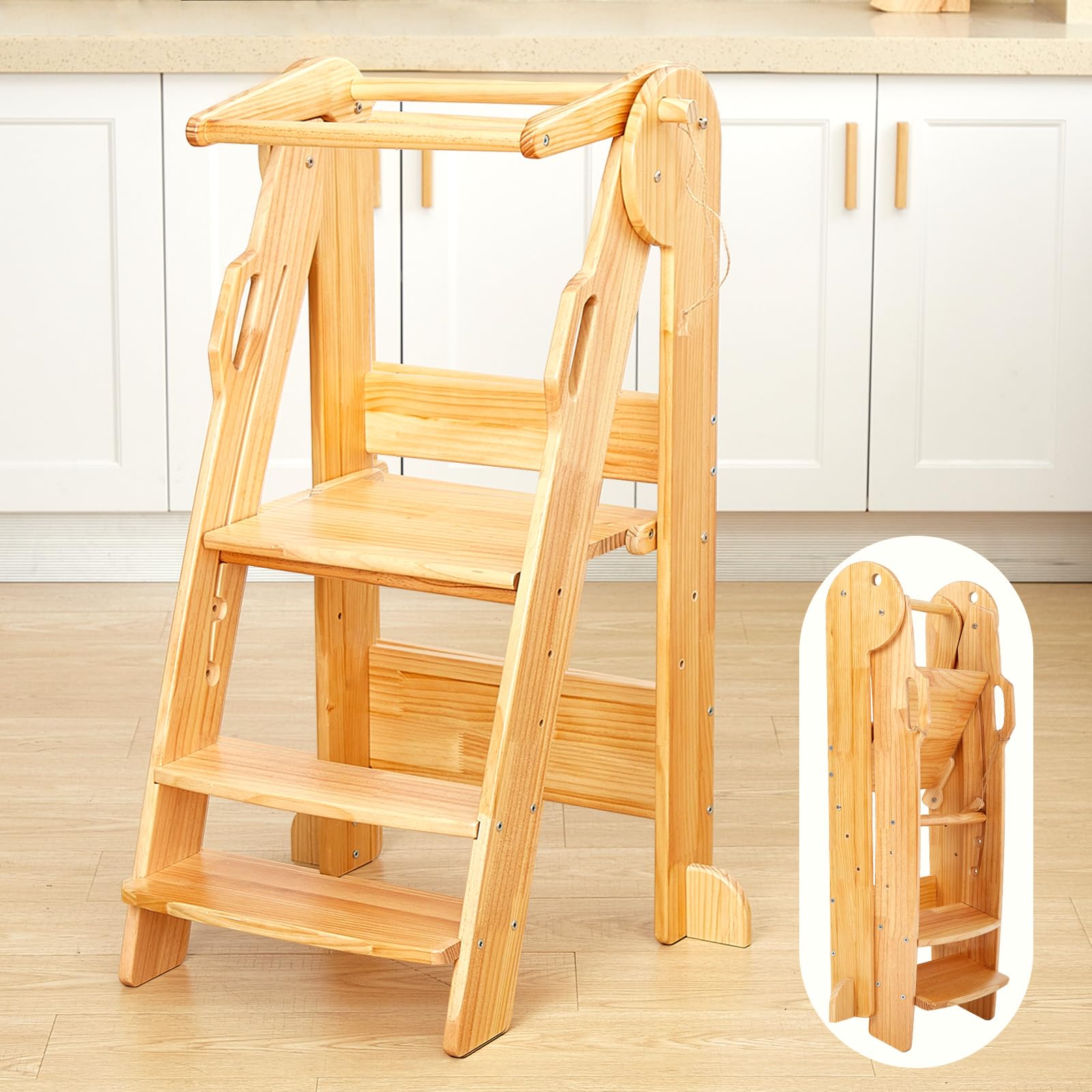 Photo 1 of FUNLIO Foldable Kitchen Step Stool, 3-Level Height Adjustable Toddler Tower for Kids 2-6 Years, Montessori Child Standing Tower for Learning, Easy to Assemble, CPC Approved - Natural