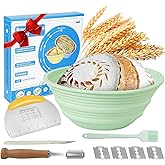 Silicone Banneton Bread Proofing Baskets, Sourdough Bread Baking Supplies, 9 Inch Round Foldable Baking Basket, Complete Set for Bread Making With Essential Tools and Gifts Green