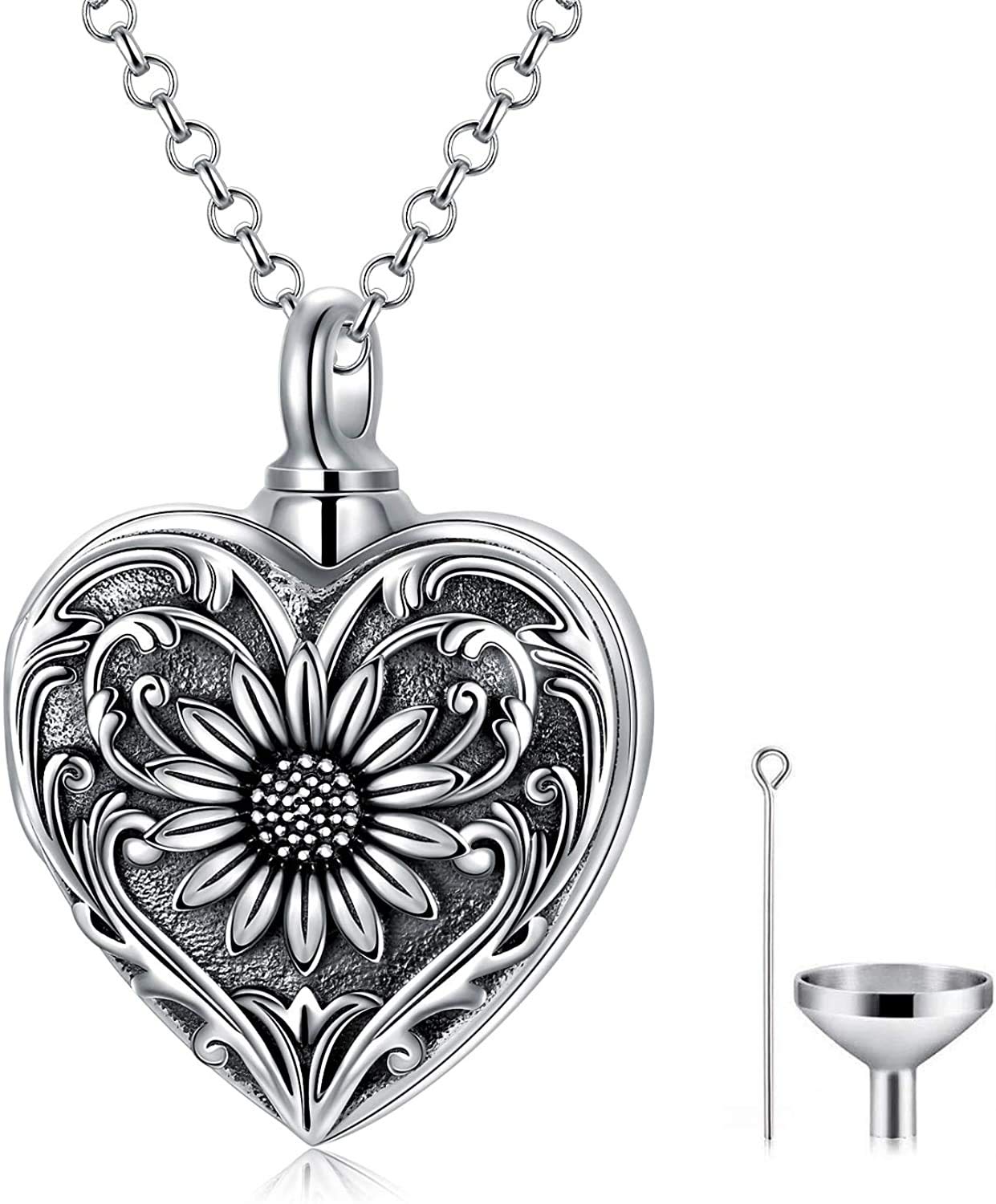 SOULMEET S925 Sterling Silver Urn Necklace Heart shaped Sunflower Cremation Always in my heart Jewelry Urn for Ashes — image 1