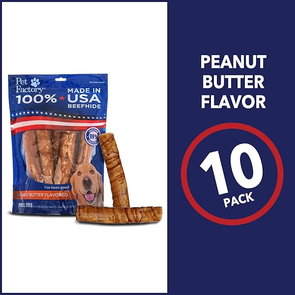PET FACTORY 100% MADE IN USA BEEFHIDE 8″ ROLLS DOG CHEW TREATS – PEANUT BUTTER FLAVOR, 10 COUNT/1 PACK
