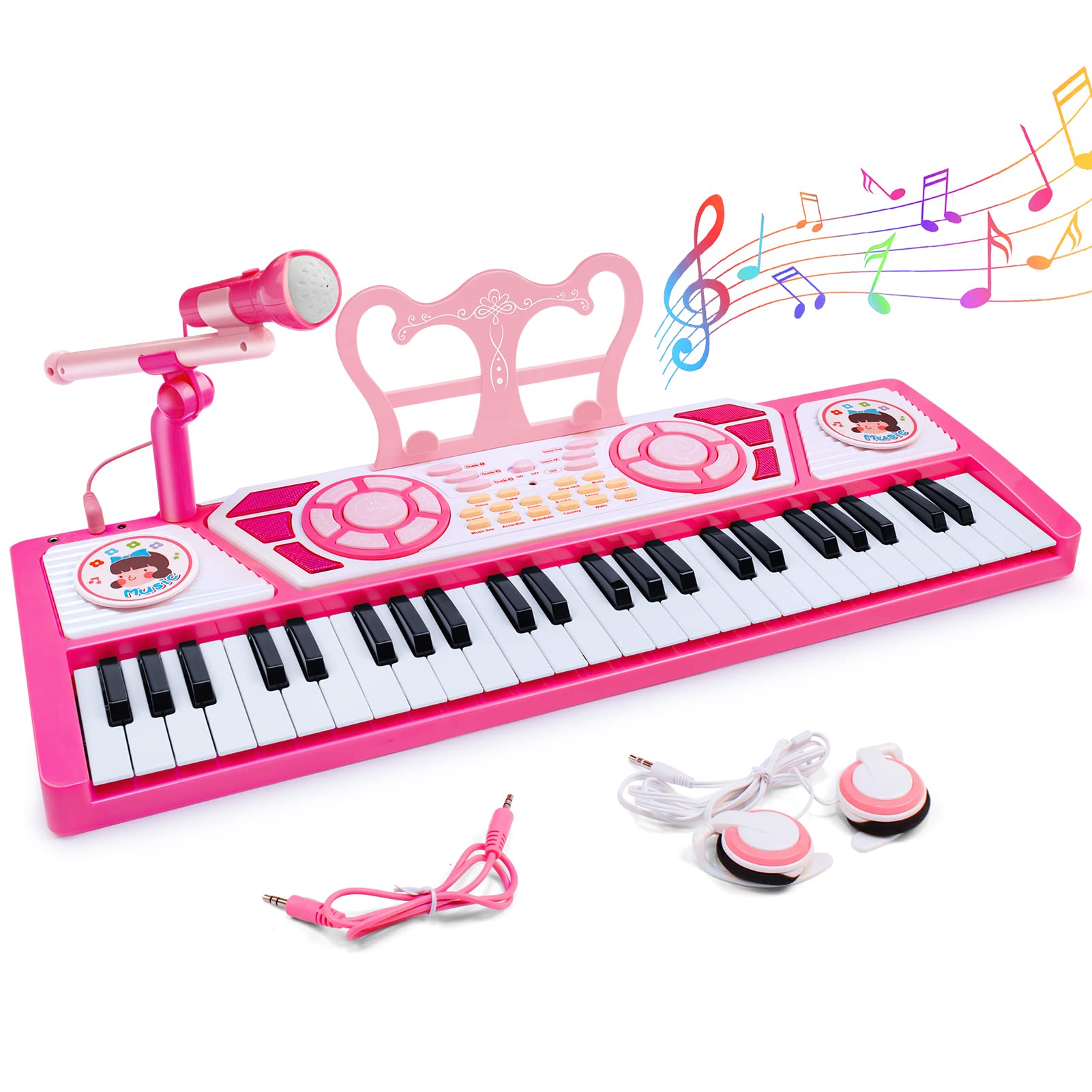Toys for 3+ Year Old Girls Gift: 49 Keys Kids Piano Keyboard Multifunctional Educational Musical Instrument Toy with Microphone, Earphone, Dual Speakers, Birthday and Xmas Gifts for 3+ Girls Toys Image