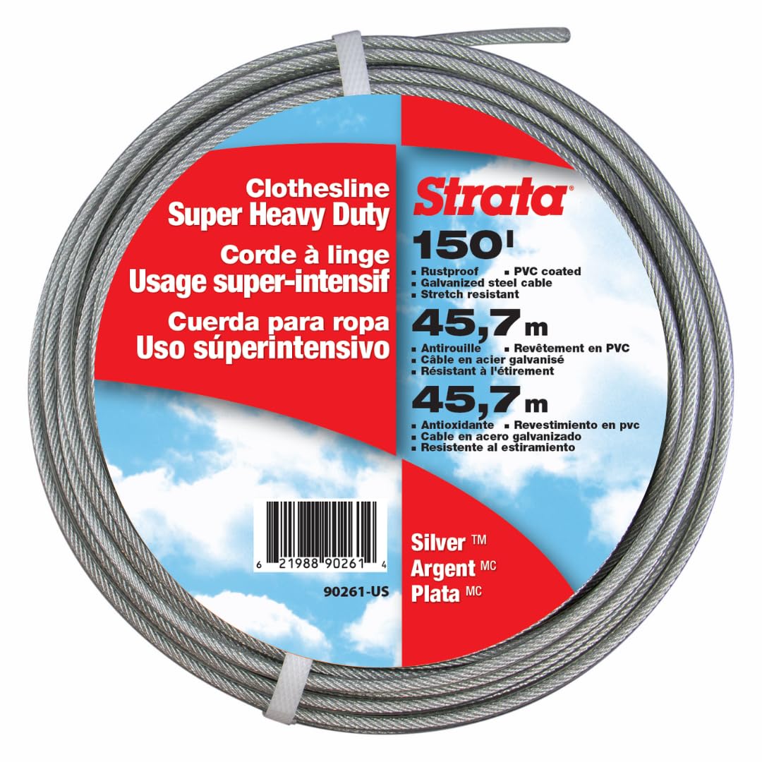 Strata 150 Feet Clothesline Outdoor Heavy Duty Galvanized Wire Steel Cable, Silver PVC Coating - Clothes Line Wires for Outside Laundry Drying Image