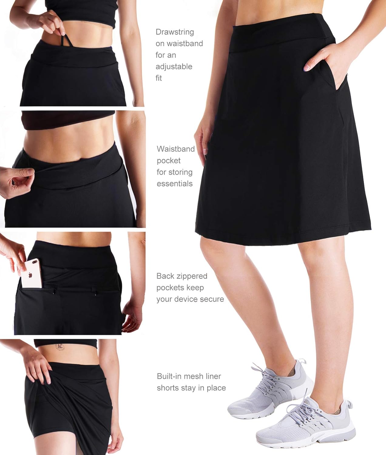 Yogipace Women's 4 Pockets UV Protection 20" Modest Knee Length Skirt Athletic Running Golf Tennis Skort Zippered Pockets: Clothing