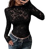BTFBM Mesh Long Sleeve Tops for Women Lace Sexy Sheer Tight See Through Crew Neck Spring Fall 2026 Party Club Outfits