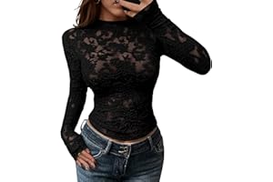 BTFBM Mesh Long Sleeve Tops for Women Lace Sexy Sheer See Through Crew Neck Tight Shirt Spring 2026 Party Club Outfits