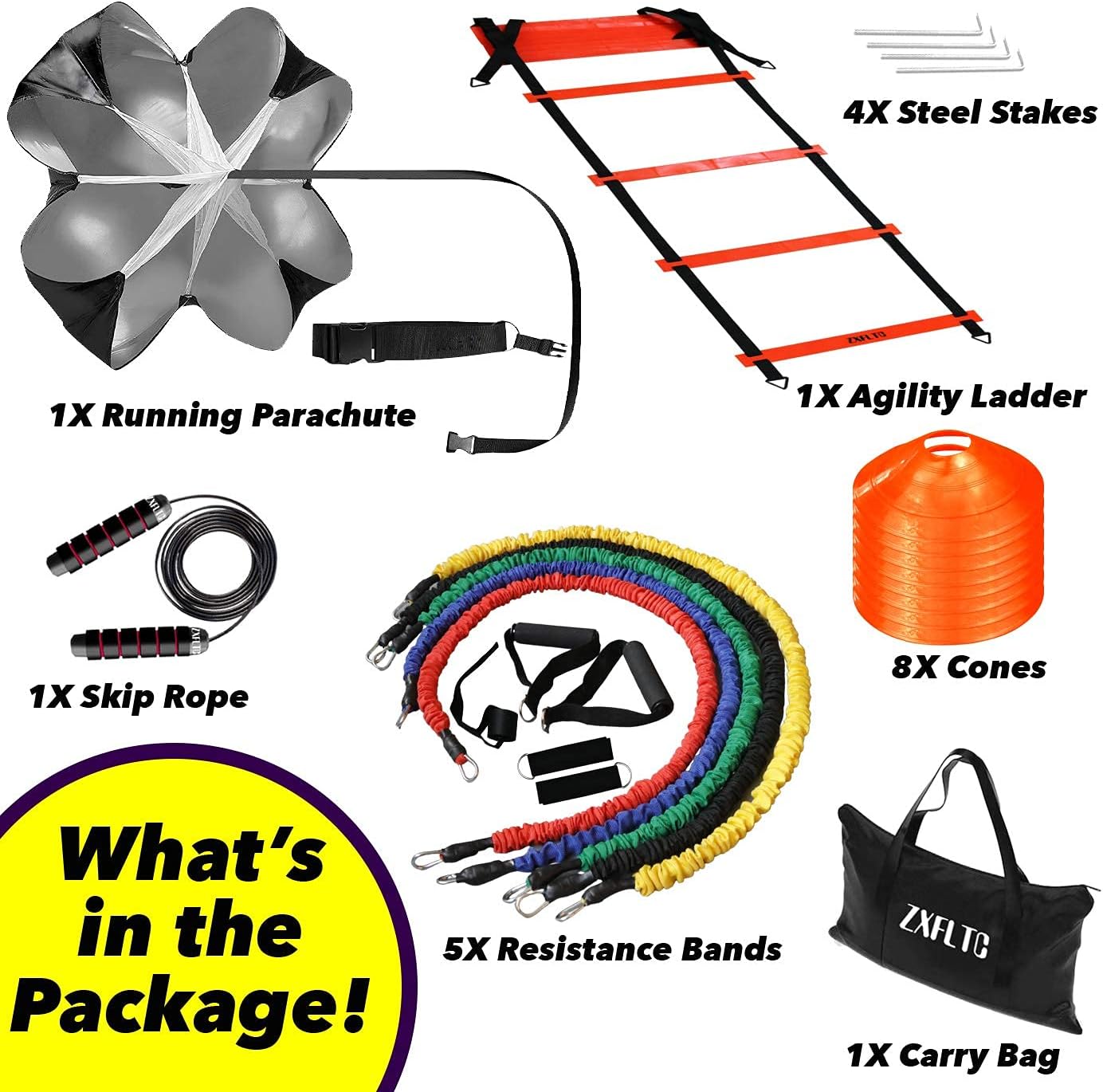 ZXFLTC Agility Ladder Speed Training Equipment-20 Feet Ladder, 8 Disc Cones, 5 Resistance Bands, Running Parachute, Skipping Rope-Boost Fitness, Improve Footwork in Soccer, Basketball, Football (Orange) : Sports & Outdoors
