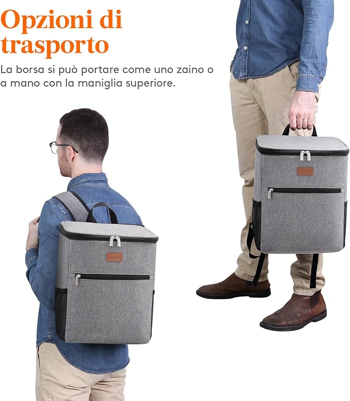 Zaino Termico 24L (30 Lattine), Borsa Frigo Portatile con Scomparto, Grande Borse Termica Porta Pranzo per Uomo e Donna, Cooler Bag per Mare, Spiaggia, Viaggio, Grigio