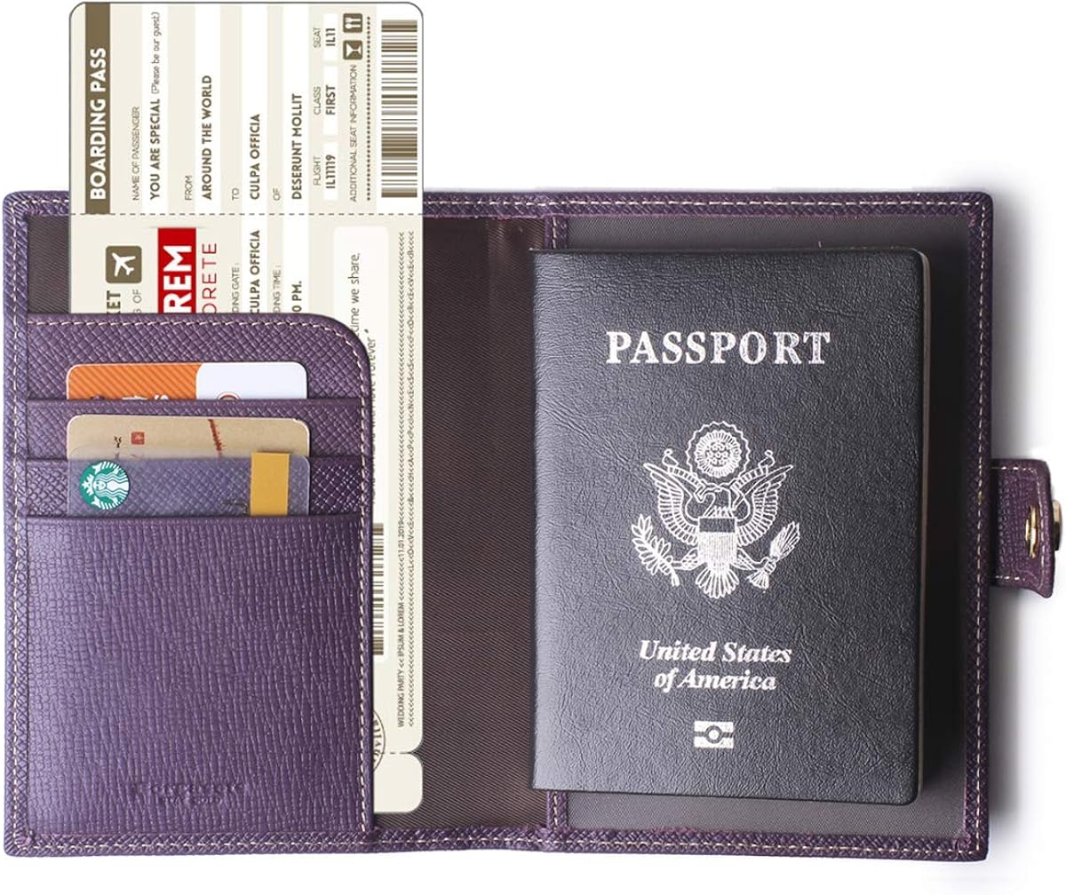 Passport Holder Cover Wallet RFID Blocking Leather Card Case Travel Document Organizer Purple: Clothing