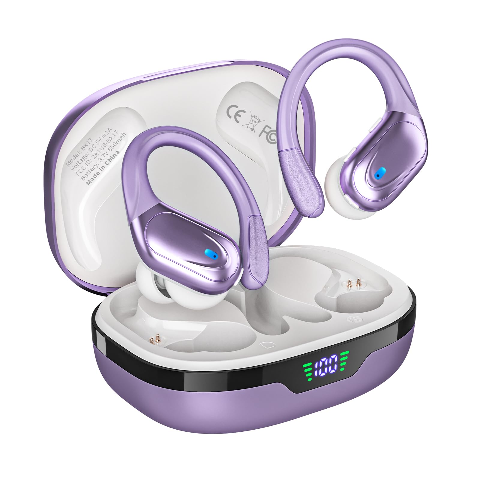 HAOYUYAN Wireless Earbuds Bluetooth 5.3 Headphones with 80H Playback, IPX7 Waterproof Over Ear Buds with LED Power Display for Sports Running Workouts (Purple) Image