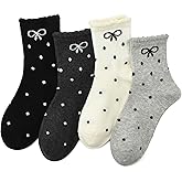 Ksriylm Women's Cute Lace Trim Bow Socks, Casual Athletic Ruffle Frilly Cotton Calf Socks for Women Ladies