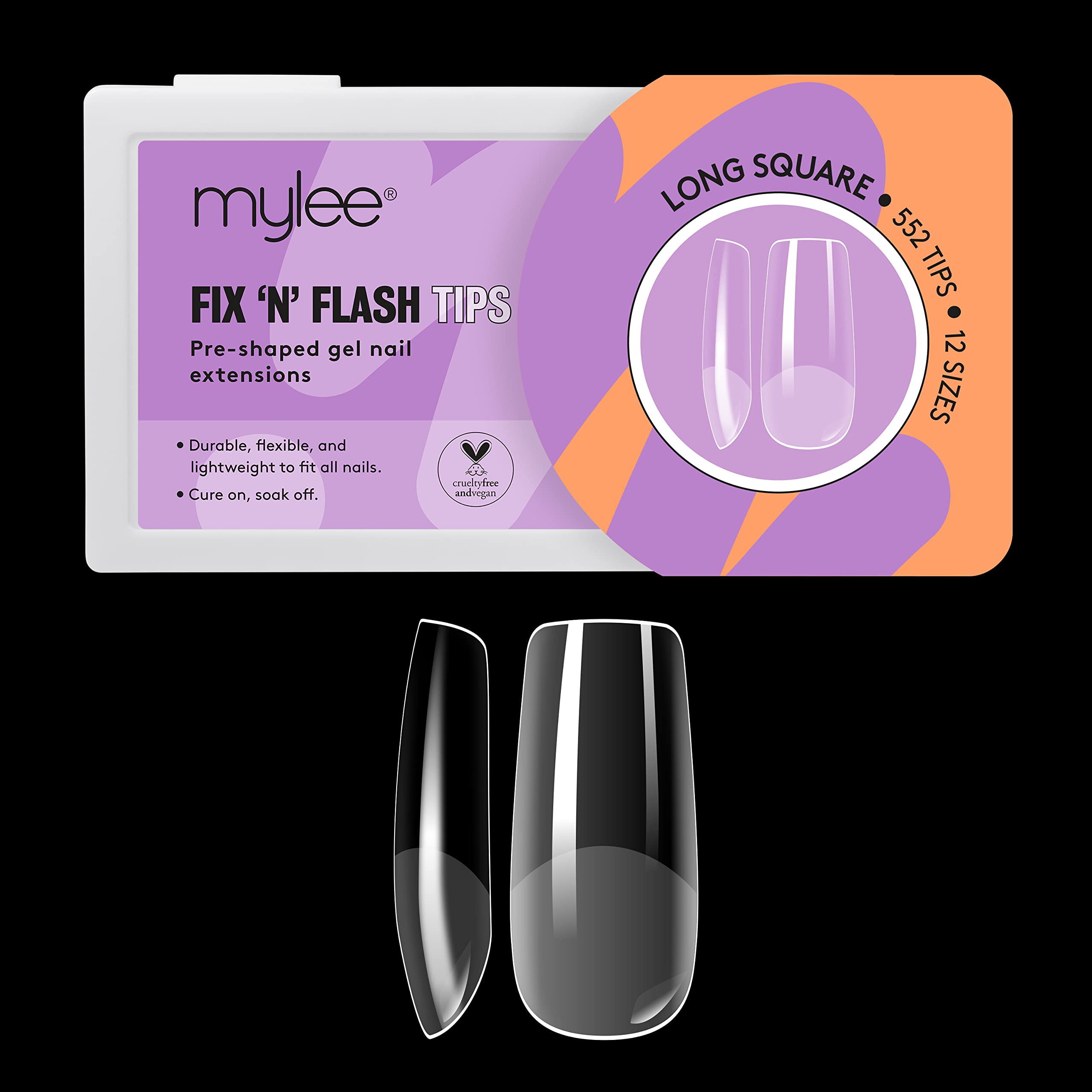 Mylee Fix N Flash Soft Gel Tips - Long Square - 552 PCS, Full Cover Soft Gel Nail Tips, Nail Art Extensions, Flexible & Resistant, 12 Different Sizes, Fit All Nails — image 1