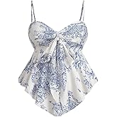 Milumia Women's Plus Size Boho Floral Cami Top Tie Front Asymmetrical Hem Summer Tank Top
