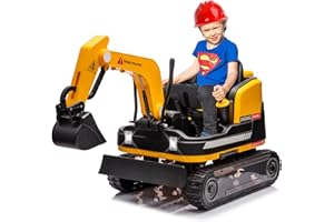 JOYLDIAS 360 Degree Rotating Ride On Excavator and Bulldozer,12V12AH Battery Powered Ride On Toy Backhoe W/Track Design Wheels for All Terrain,Remote Control,MP3,Toolbox for Kids,Parent,Yellow