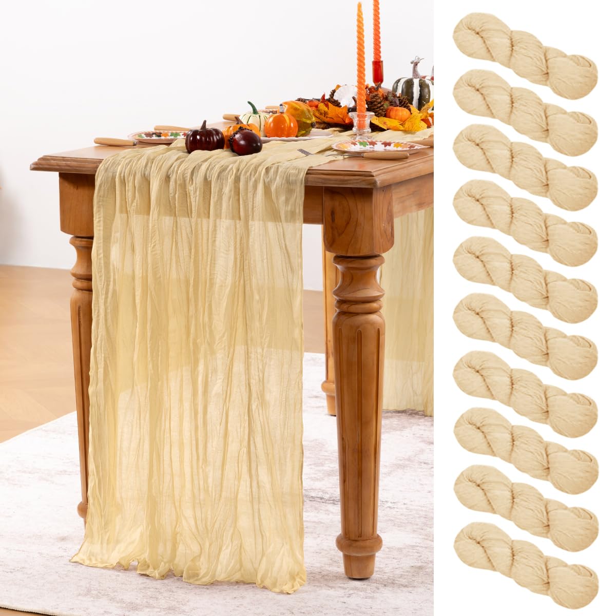 Photo 1 of DeZerlor Champagne Gold Cheesecloth Table Runner 10 Pack Fall Table Runners Boho Gauze 120 Inches Champagne Cheese Cloth Fall Table Decorations for Thanksgiving Wedding Bridal Baby Shower Parties