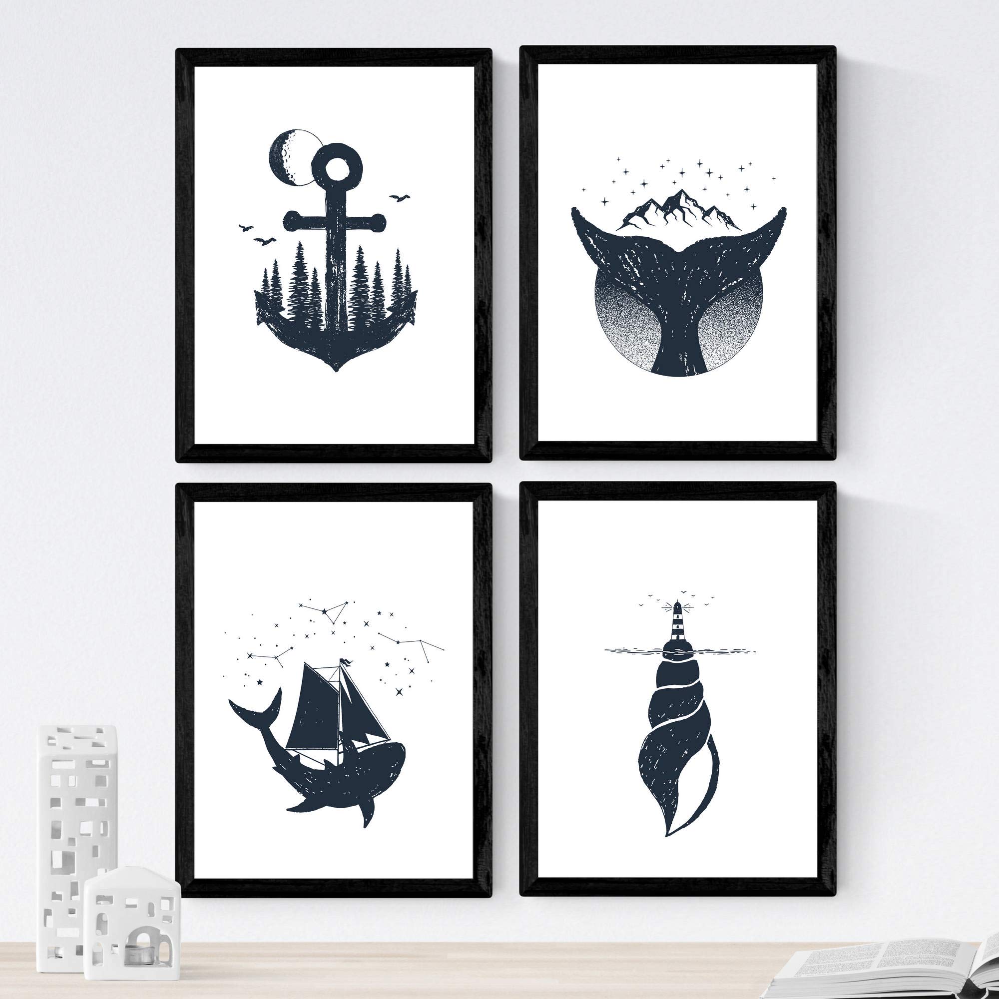 Nacnic Set of 4 prints of the Sea. Beautiful nature designs in nordic style. Wall decoration for your home, office or shop. A4, frameless.
