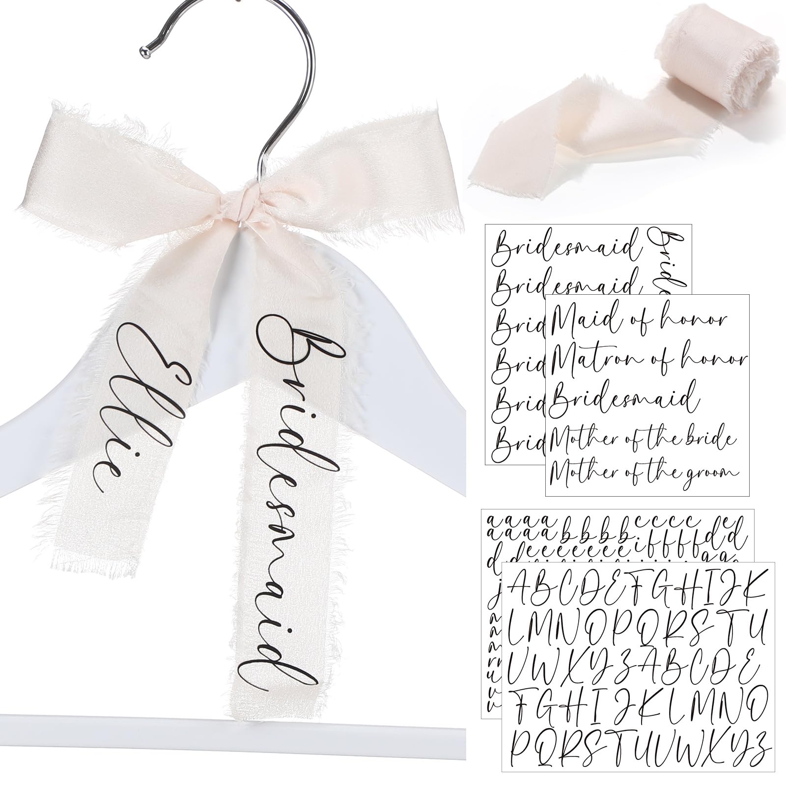 Photo 1 of Reallnaive 7 Pcs Bridesmaid Hanger Ribbon Wedding Silk Ribbon with Heat Transfer Sticker Gifts Bridesmaid Bride Maid of Honor Stickers Letter Custom Name for Wedding Bridal Shower Party(Ivory)