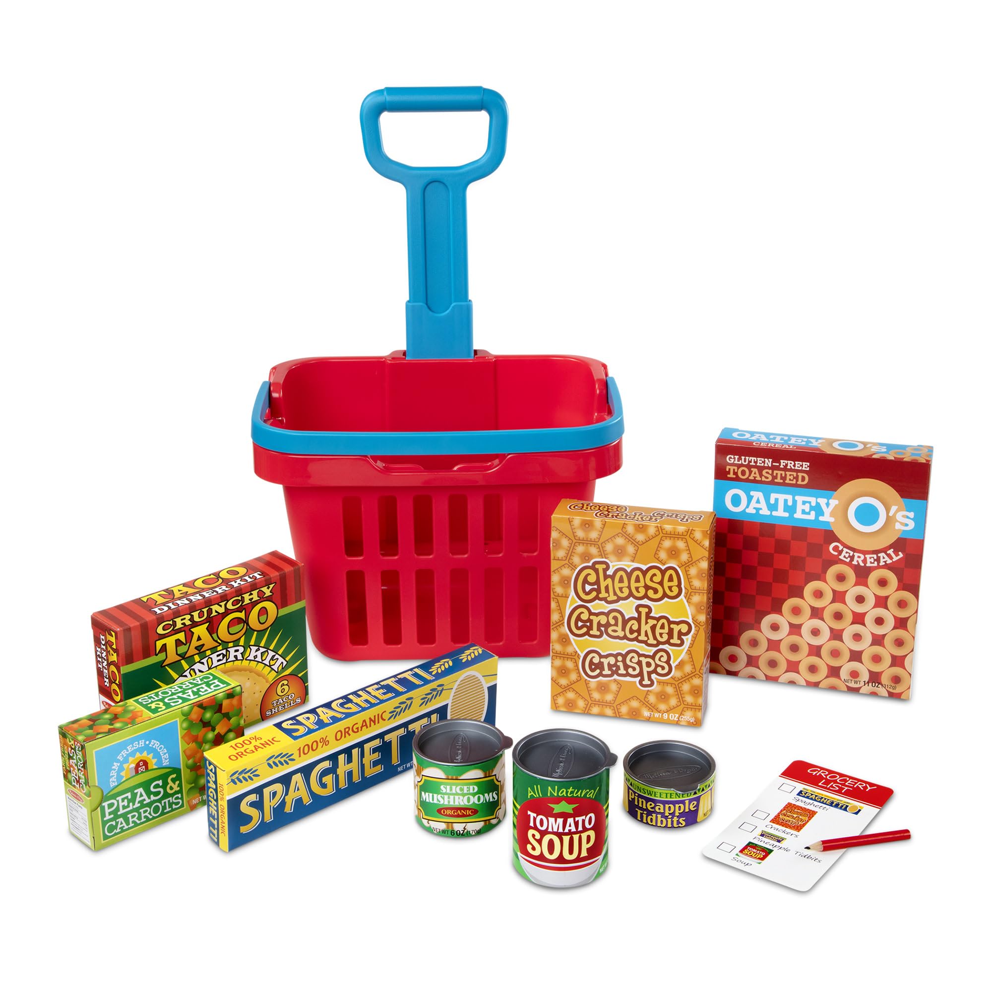 Melissa & Doug Fill and Roll Grocery Basket Play Set With Play Food Boxes and Cans (11 pcs), Play Kitchen Toy Food Ages 3+