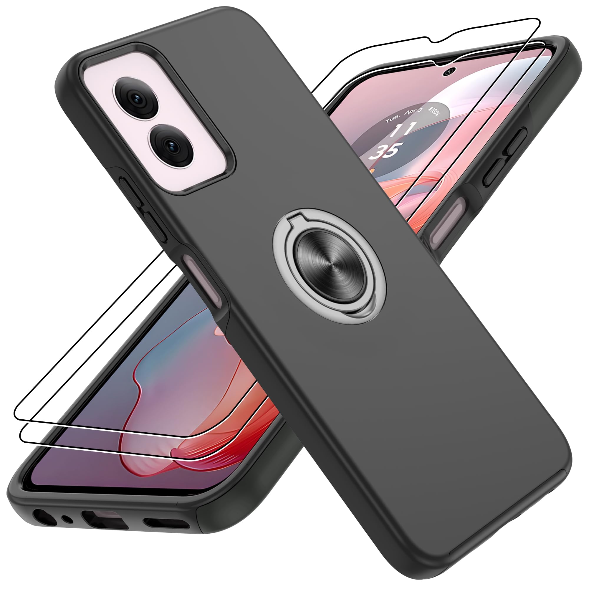Photo 1 of for Moto G Power 5G 2024 Case with HD Screen Protector×2,Shockproof Phone Case with 360° Magnetic Ring Holder Kickstand Phone Case for Moto G Power 5G 2024,Black
